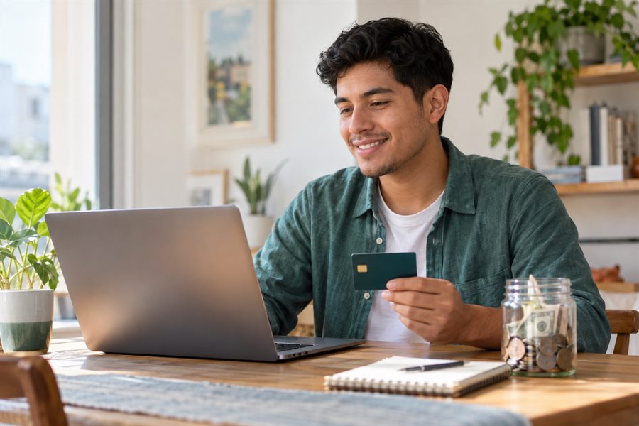 Persona aprendiendo a construir credito con una computadora