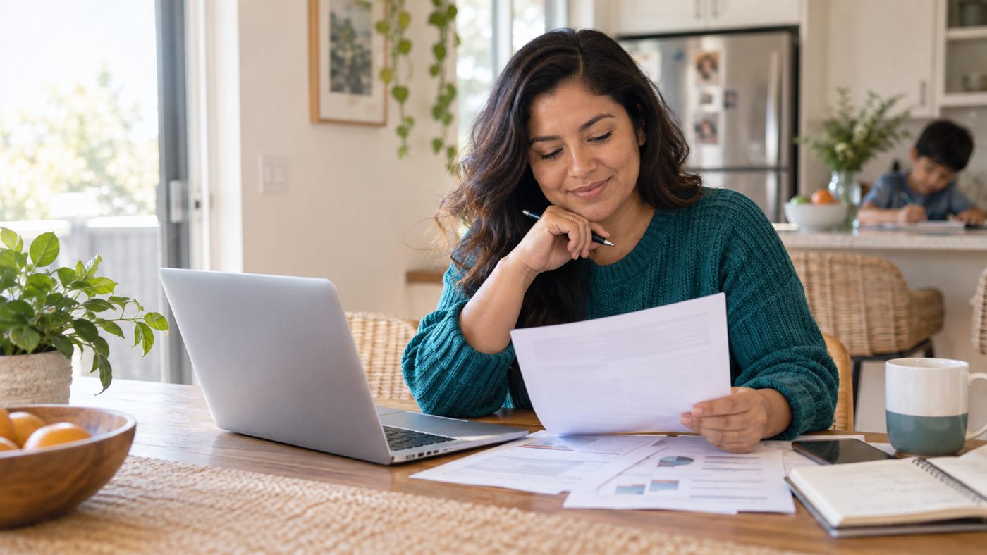 Persona revisando informacion de credito en casa